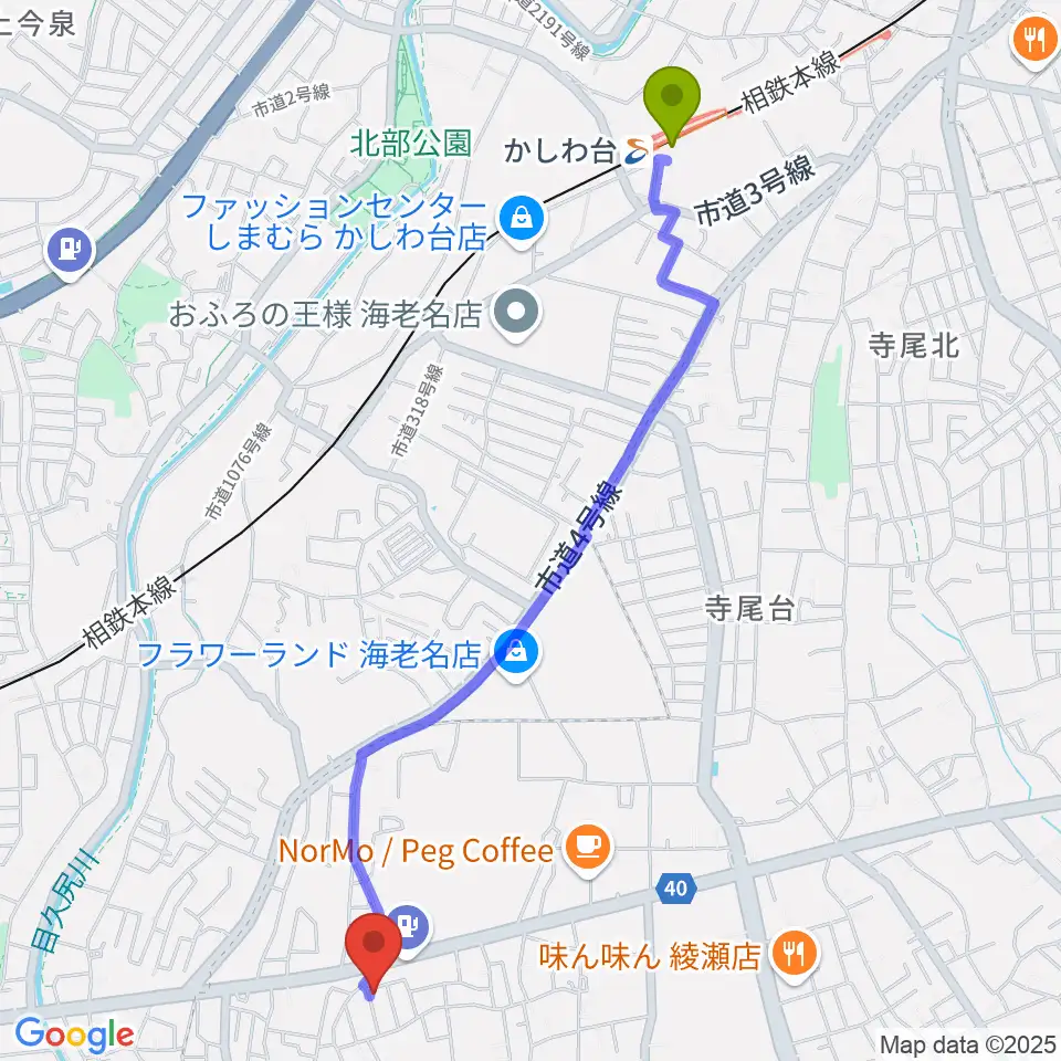 ミュージックメモリー音楽教室の最寄駅かしわ台駅からの徒歩ルート（約26分）地図