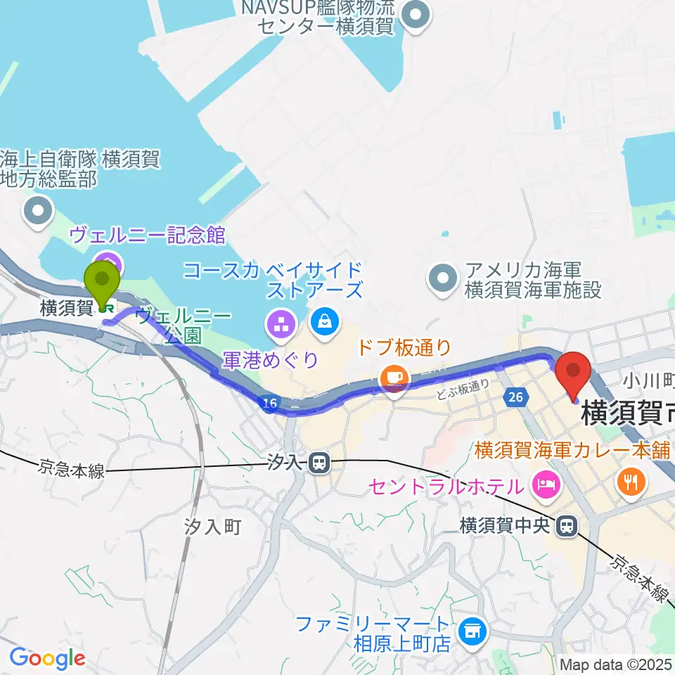 横須賀駅からオクターヴ 横須賀中央センターへのルートマップ地図