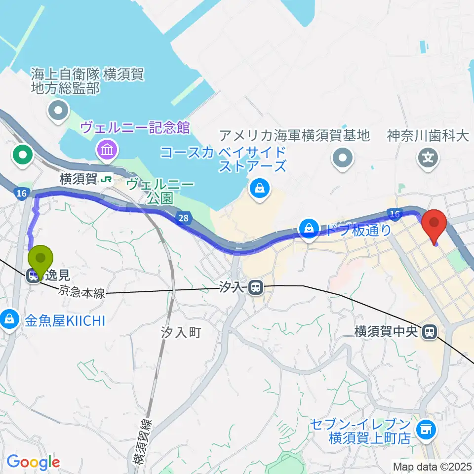 逸見駅からオクターヴ 横須賀中央センターへのルートマップ地図