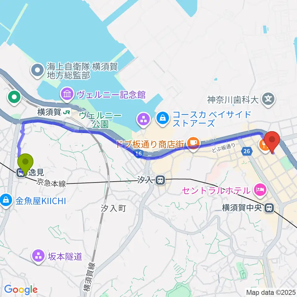 逸見駅からオクターヴ 横須賀中央センターへのルートマップ地図