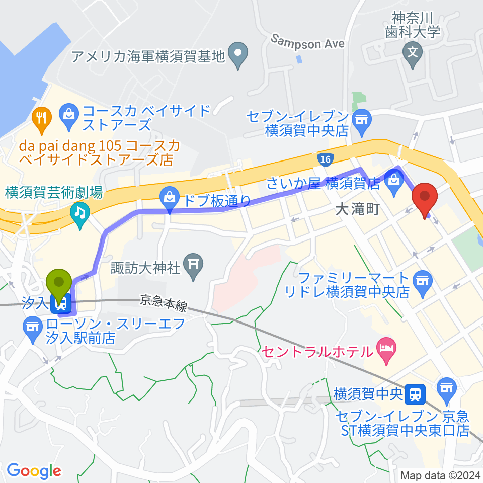 汐入駅からオクターヴ 横須賀中央センターへのルートマップ地図