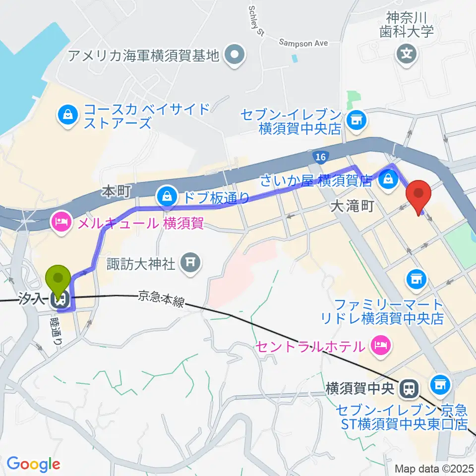 汐入駅からオクターヴ 横須賀中央センターへのルートマップ地図