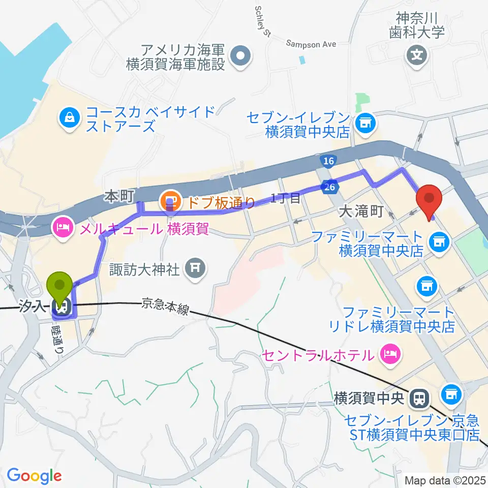 汐入駅からオクターヴ 横須賀中央センターへのルートマップ地図