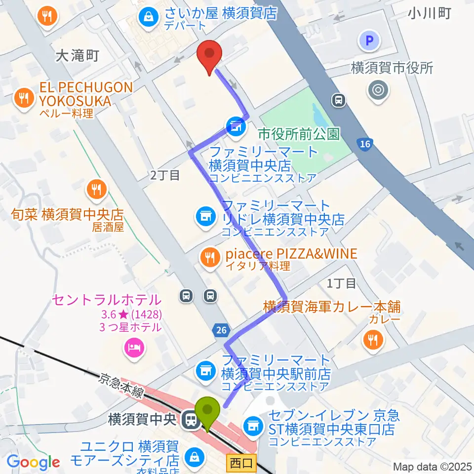 オクターヴ 横須賀中央センターの最寄駅横須賀中央駅からの徒歩ルート（約6分）地図