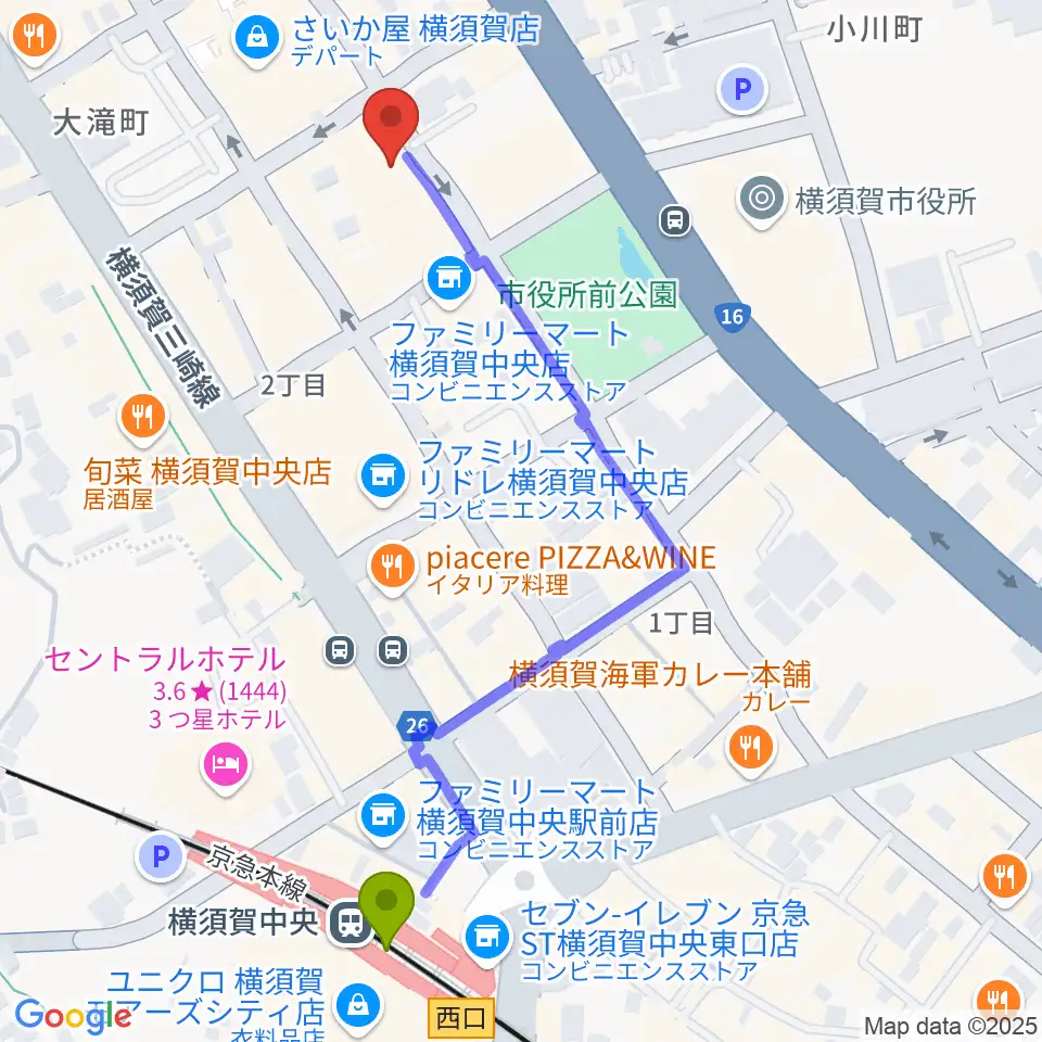 オクターヴ 横須賀中央センターの最寄駅横須賀中央駅からの徒歩ルート（約6分）地図