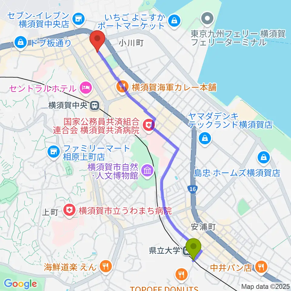 県立大学駅からオクターヴ 横須賀中央センターへのルートマップ地図