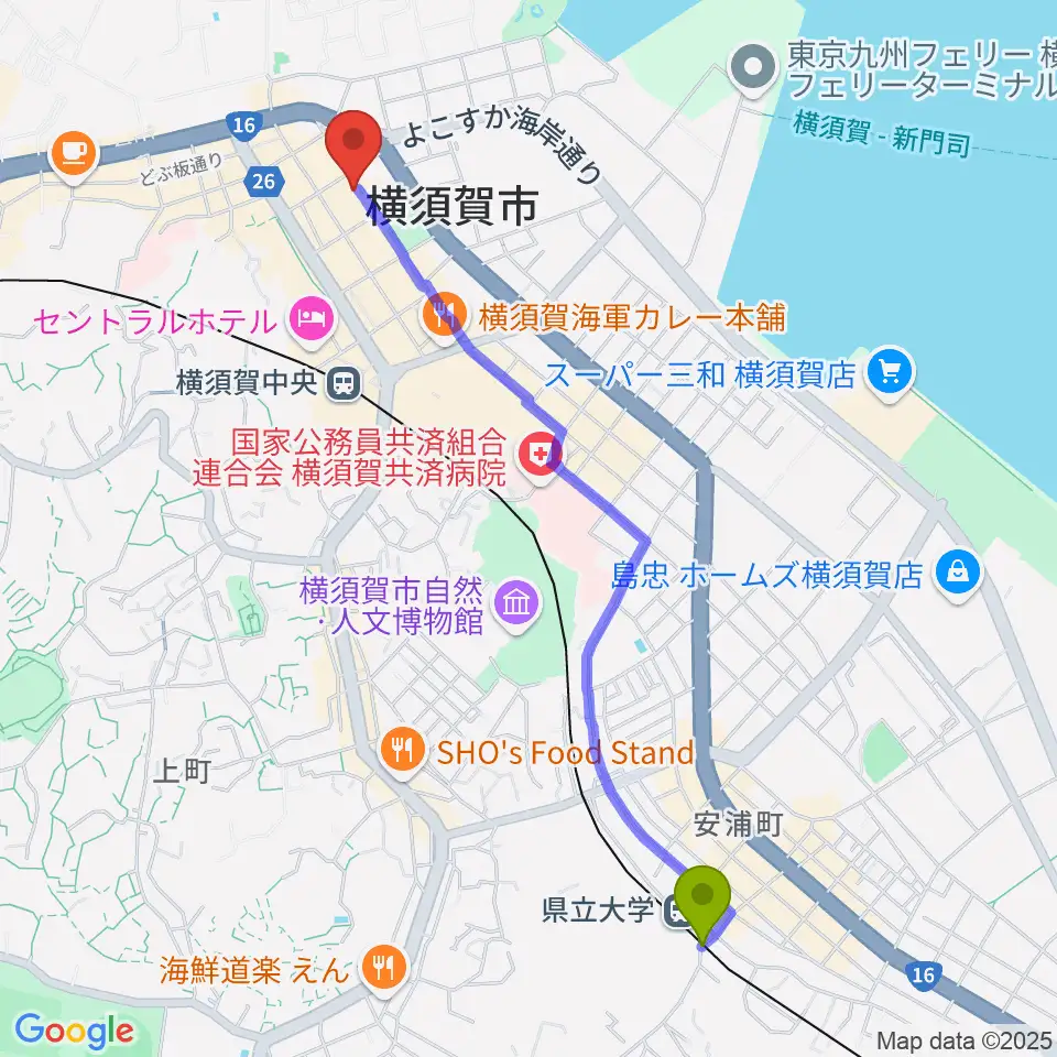 県立大学駅からオクターヴ 横須賀中央センターへのルートマップ地図