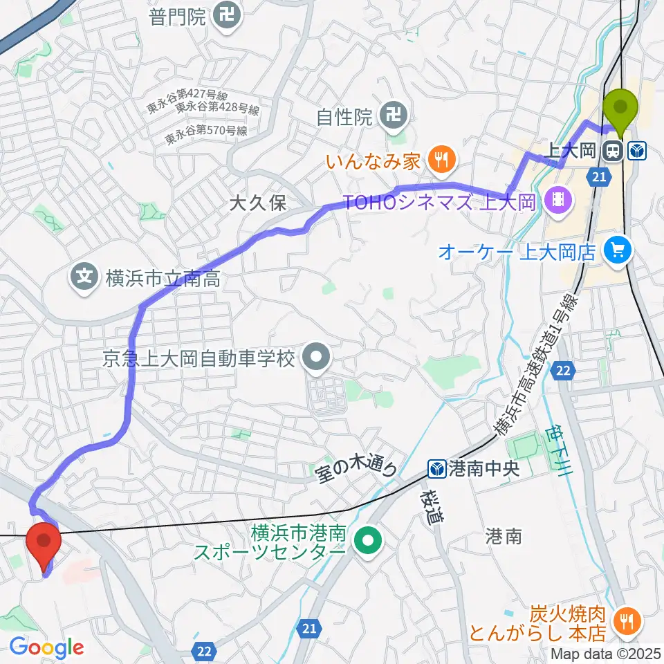 上大岡駅からマミ・ピアノリトミック声楽教室へのルートマップ地図