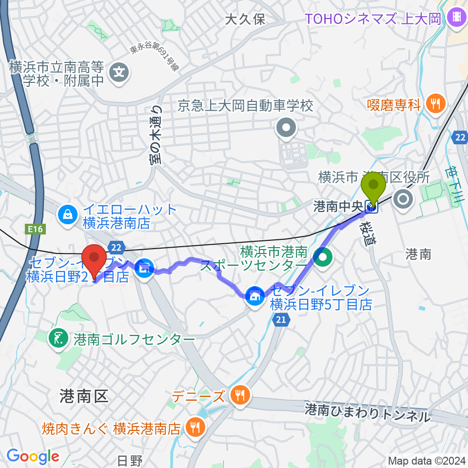 港南中央駅からマミ・ピアノリトミック声楽教室へのルートマップ地図