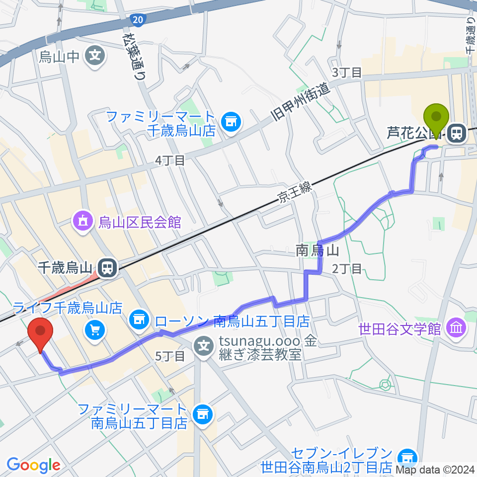 芦花公園駅からイナモリ・メソッド研究会 東京本部教室へのルートマップ地図