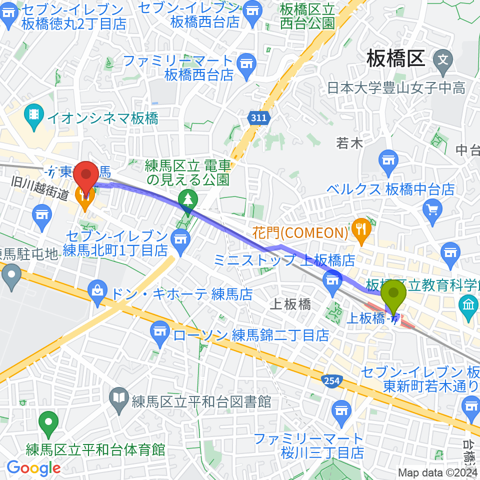 上板橋駅からクライネ・ビューネ音楽教室へのルートマップ地図