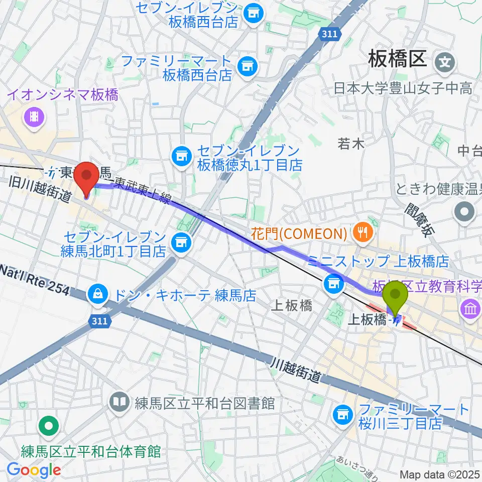 上板橋駅からクライネ・ビューネ音楽教室へのルートマップ地図