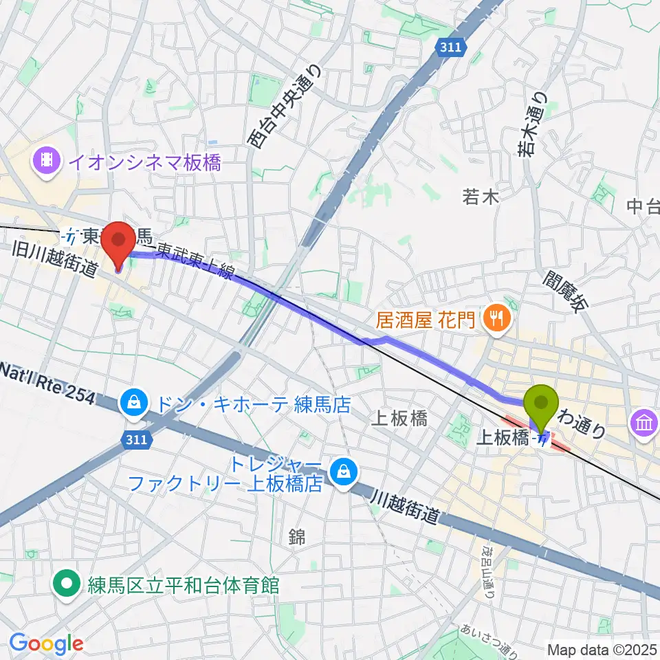 上板橋駅からクライネ・ビューネ音楽教室へのルートマップ地図