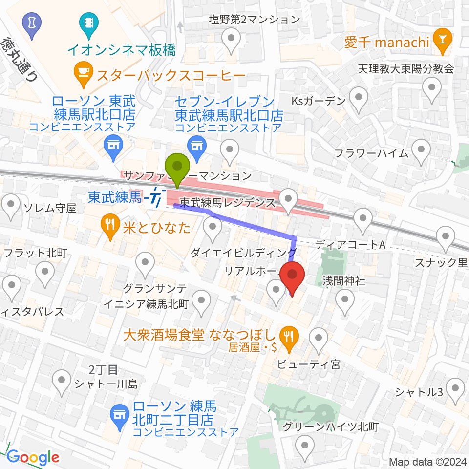 クライネ・ビューネ音楽教室の最寄駅東武練馬駅からの徒歩ルート（約3分）地図