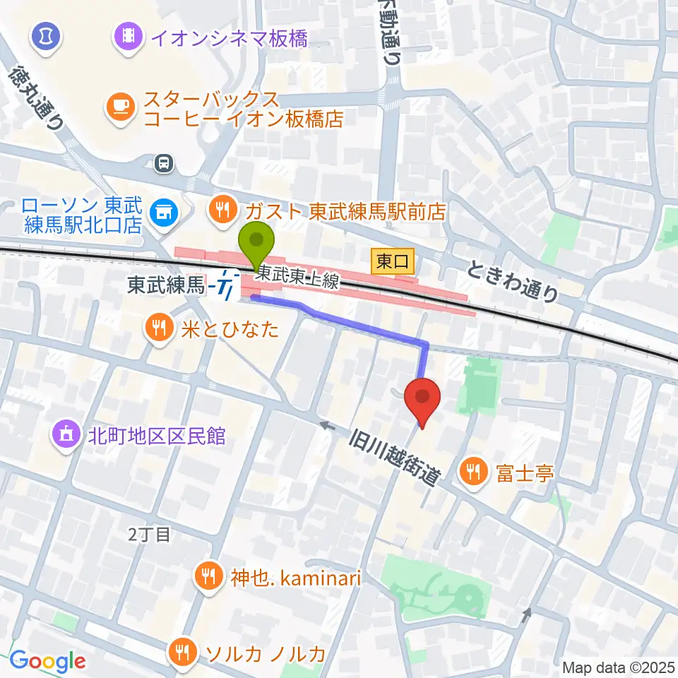 クライネ・ビューネ音楽教室の最寄駅東武練馬駅からの徒歩ルート（約3分）地図