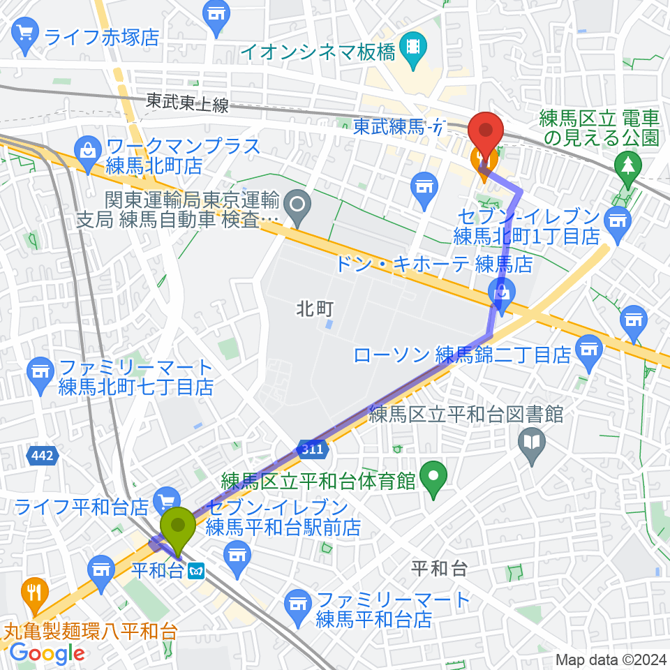 平和台駅からクライネ・ビューネ音楽教室へのルートマップ地図