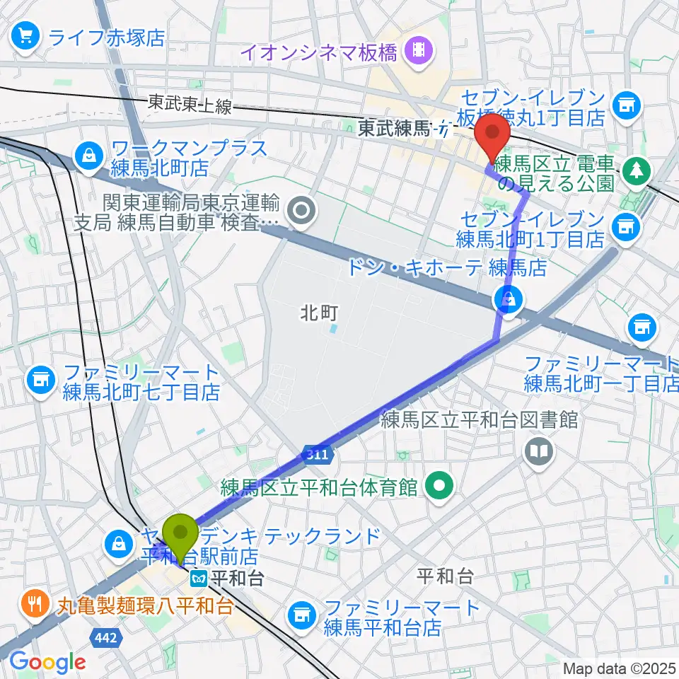 平和台駅からクライネ・ビューネ音楽教室へのルートマップ地図