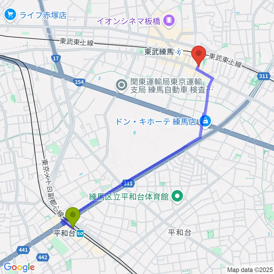 平和台駅からクライネ・ビューネ音楽教室へのルートマップ地図