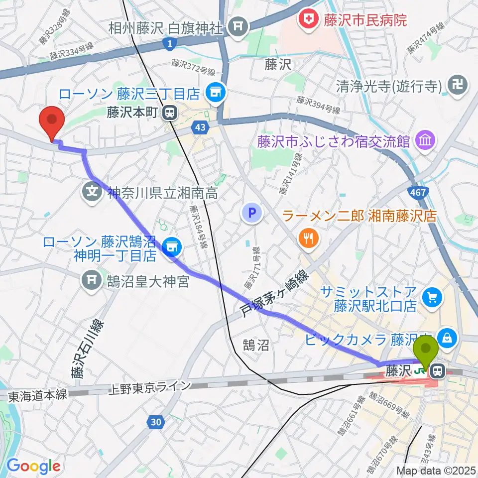 藤沢駅からドルチェ音楽教室 藤沢本町教室へのルートマップ地図