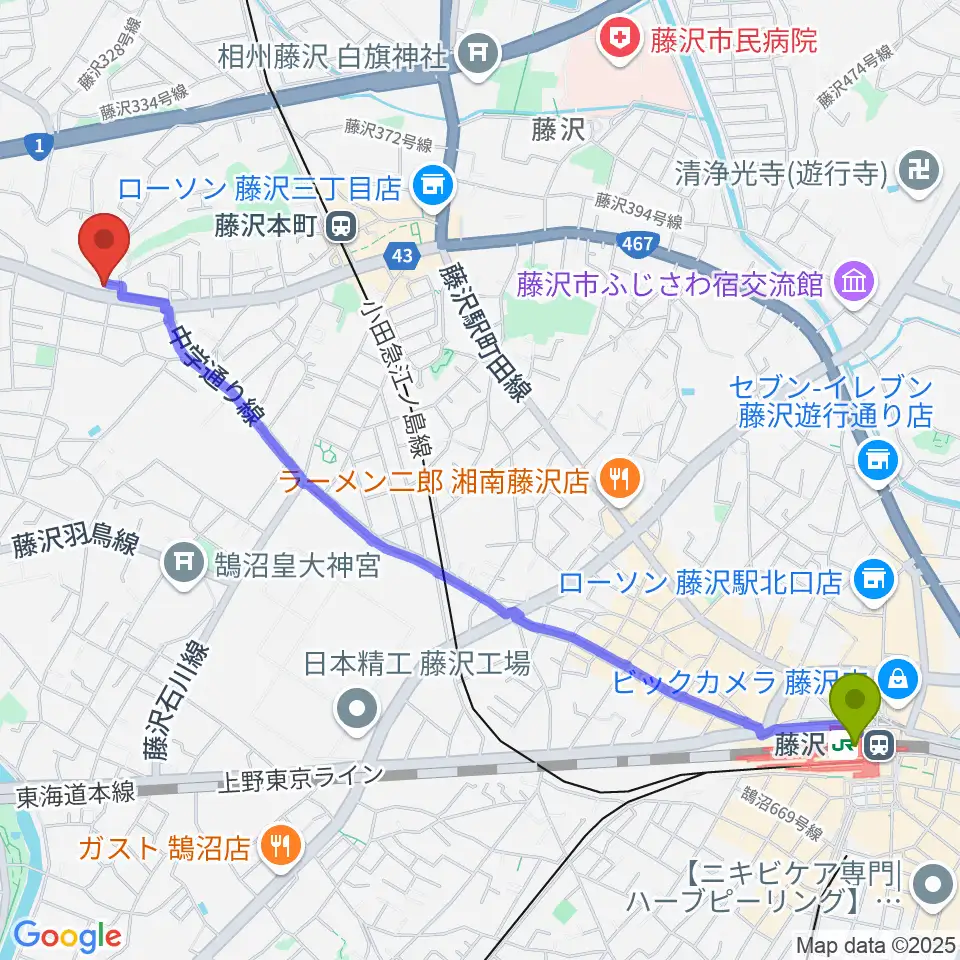 藤沢駅からドルチェ音楽教室 藤沢本町教室へのルートマップ地図
