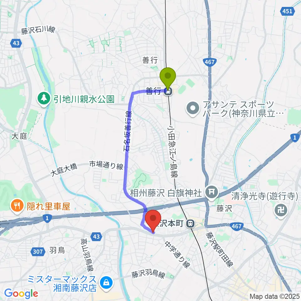 善行駅からドルチェ音楽教室 藤沢本町教室へのルートマップ地図