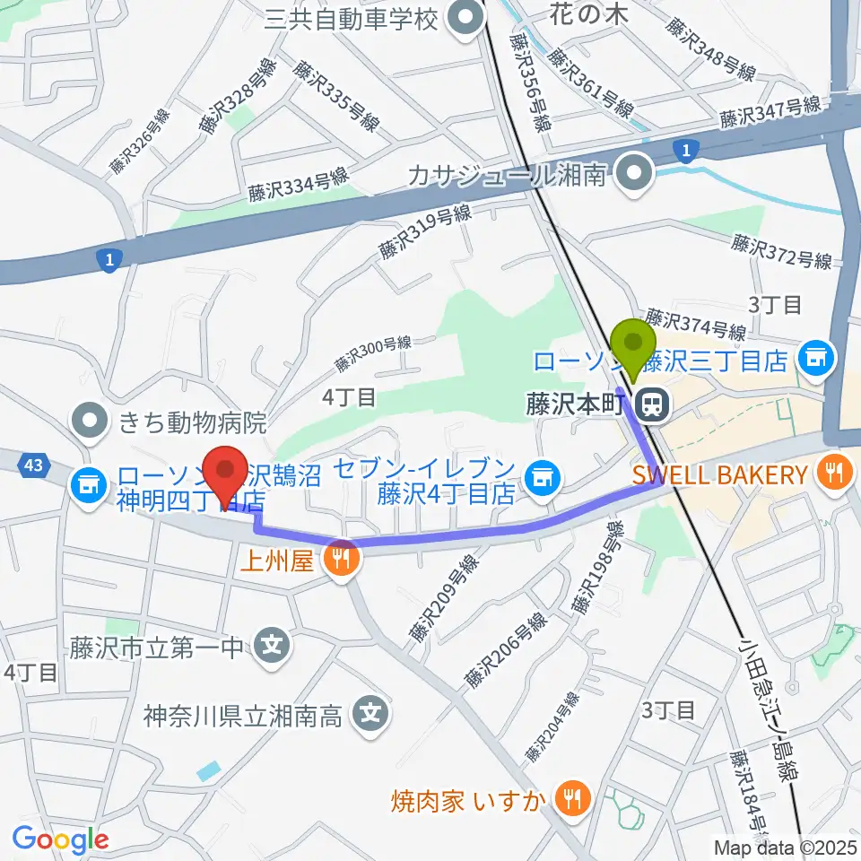 ドルチェ音楽教室 藤沢本町教室の最寄駅藤沢本町駅からの徒歩ルート（約8分）地図