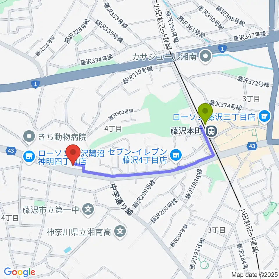 ドルチェ音楽教室 藤沢本町教室の最寄駅藤沢本町駅からの徒歩ルート（約8分）地図
