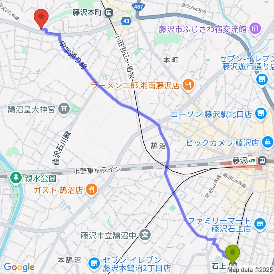 石上駅からドルチェ音楽教室 藤沢本町教室へのルートマップ地図
