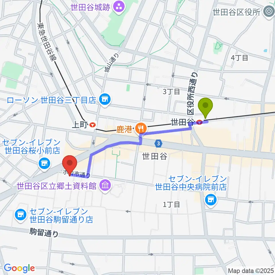 世田谷駅からサミー音楽アカデミーへのルートマップ地図