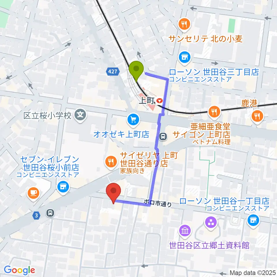 サミー音楽アカデミーの最寄駅上町駅からの徒歩ルート（約3分）地図