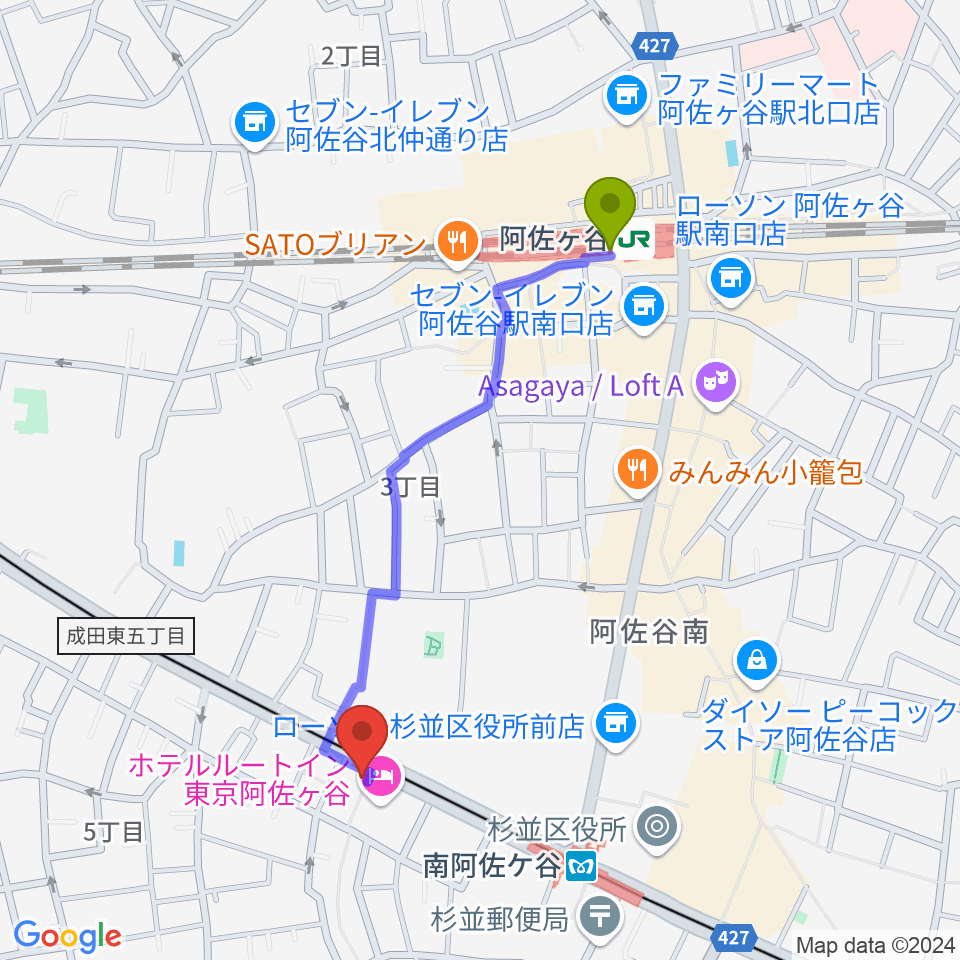 阿佐ケ谷駅からあさがやドラムへのルートマップ地図