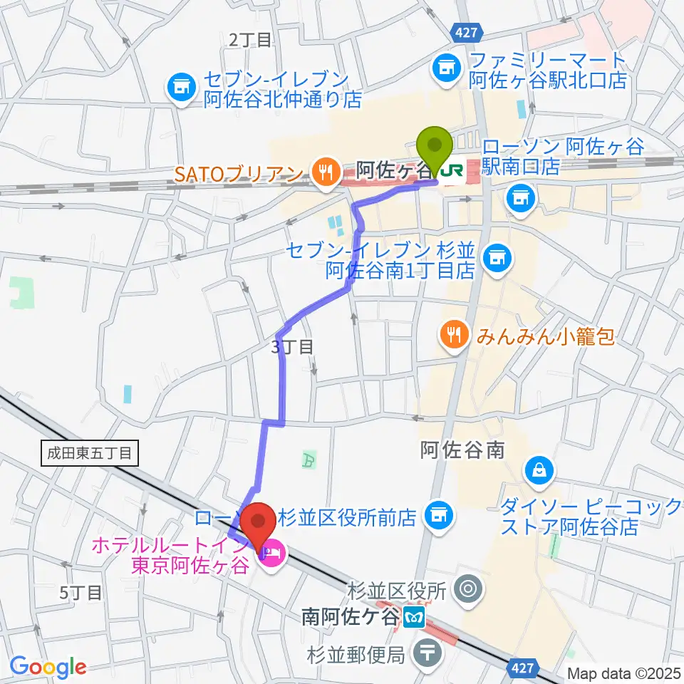 阿佐ケ谷駅からあさがやドラムへのルートマップ地図