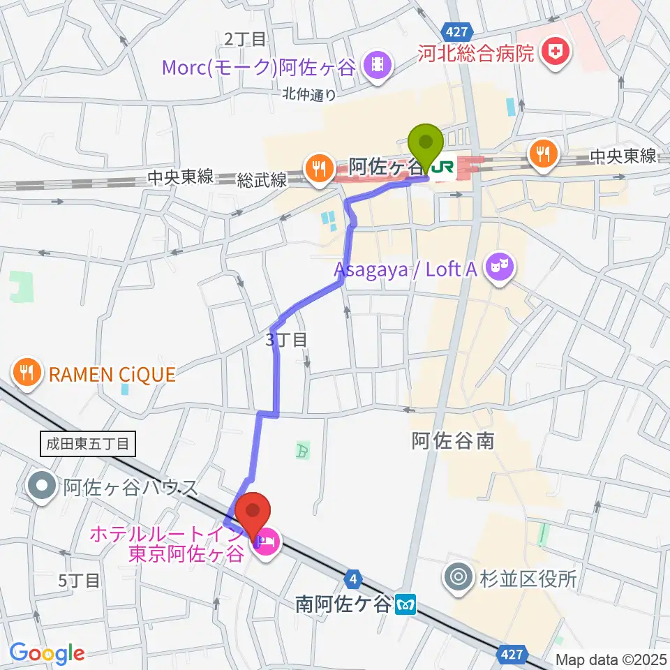 阿佐ケ谷駅からあさがやドラムへのルートマップ地図