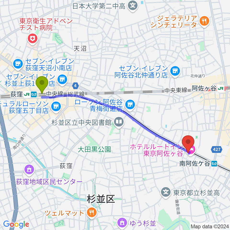 荻窪駅からあさがやドラムへのルートマップ地図