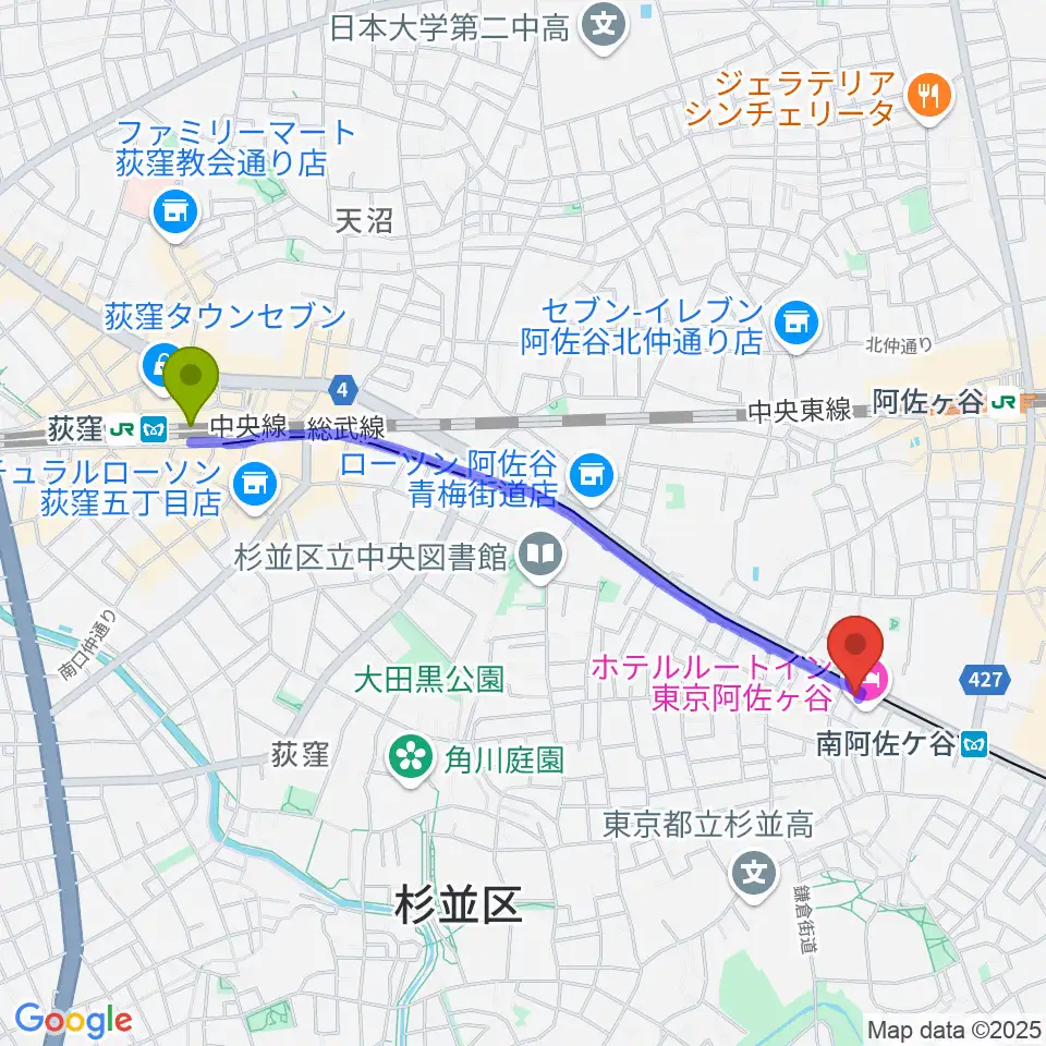 荻窪駅からあさがやドラムへのルートマップ地図