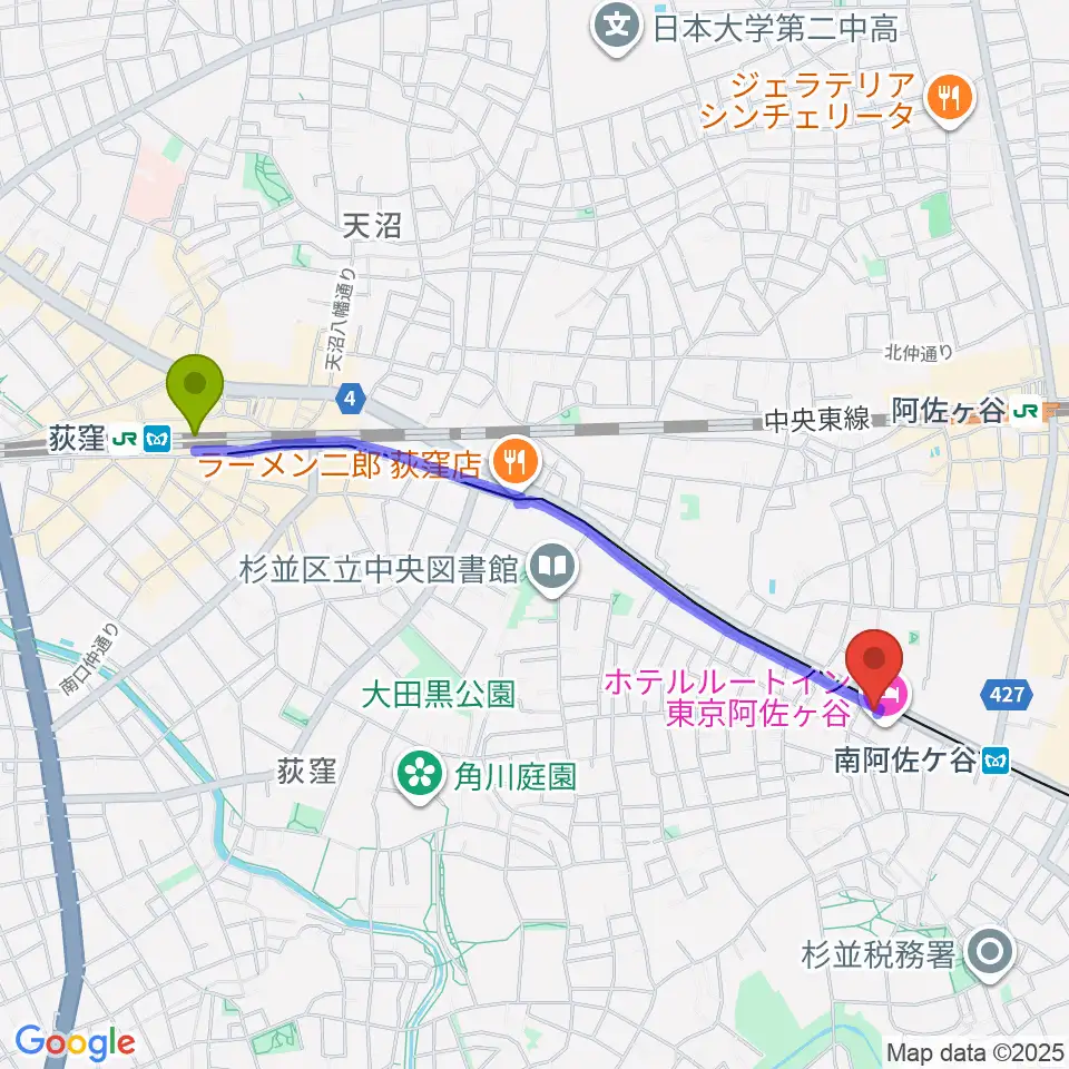 荻窪駅からあさがやドラムへのルートマップ地図
