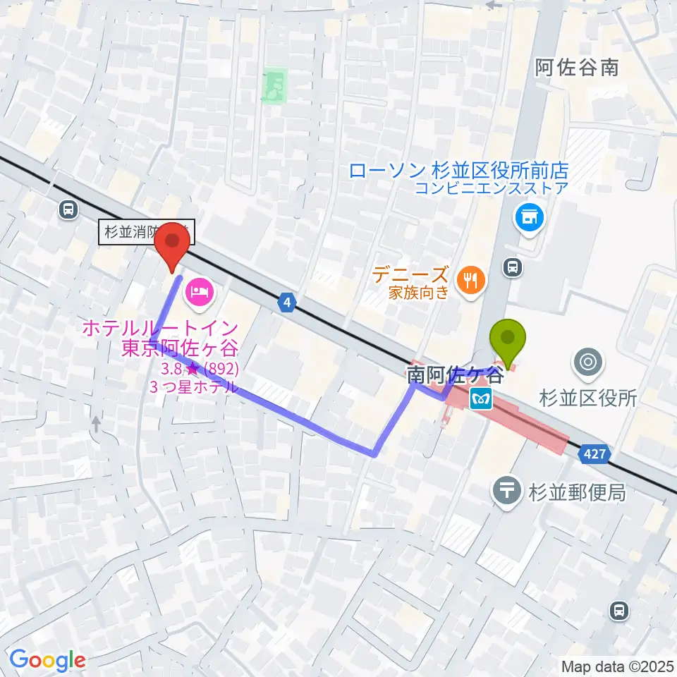 あさがやドラムの最寄駅南阿佐ケ谷駅からの徒歩ルート（約4分）地図