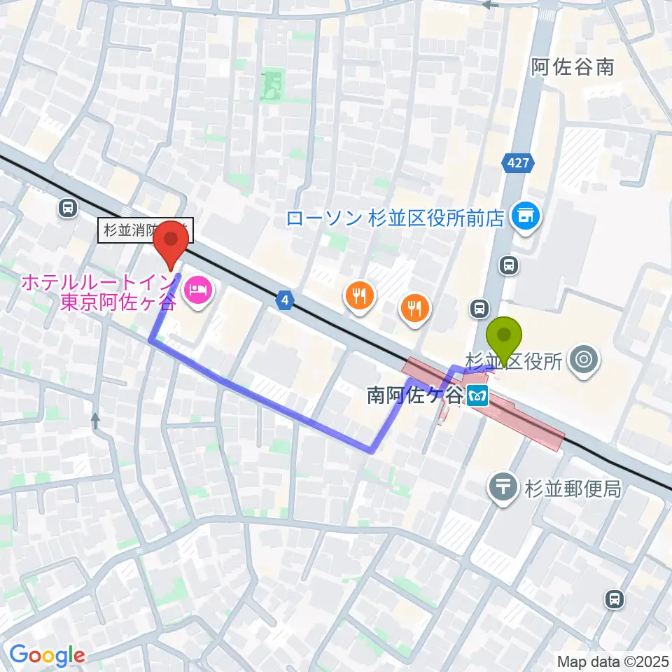 あさがやドラムの最寄駅南阿佐ケ谷駅からの徒歩ルート（約4分）地図