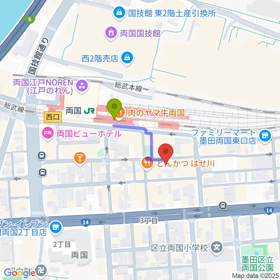 大沢フラメンコアカデミーの最寄駅両国駅からの徒歩ルート（約2分）地図