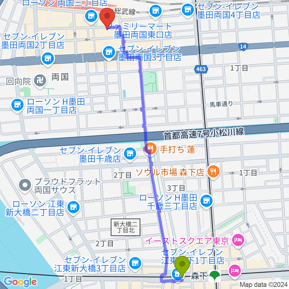 森下駅から大沢憲三フラメンコギター・カンテ教室 両国校へのルートマップ地図