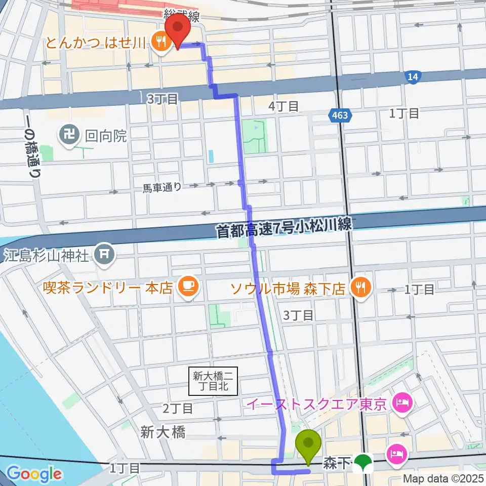 森下駅から大沢フラメンコアカデミーへのルートマップ地図