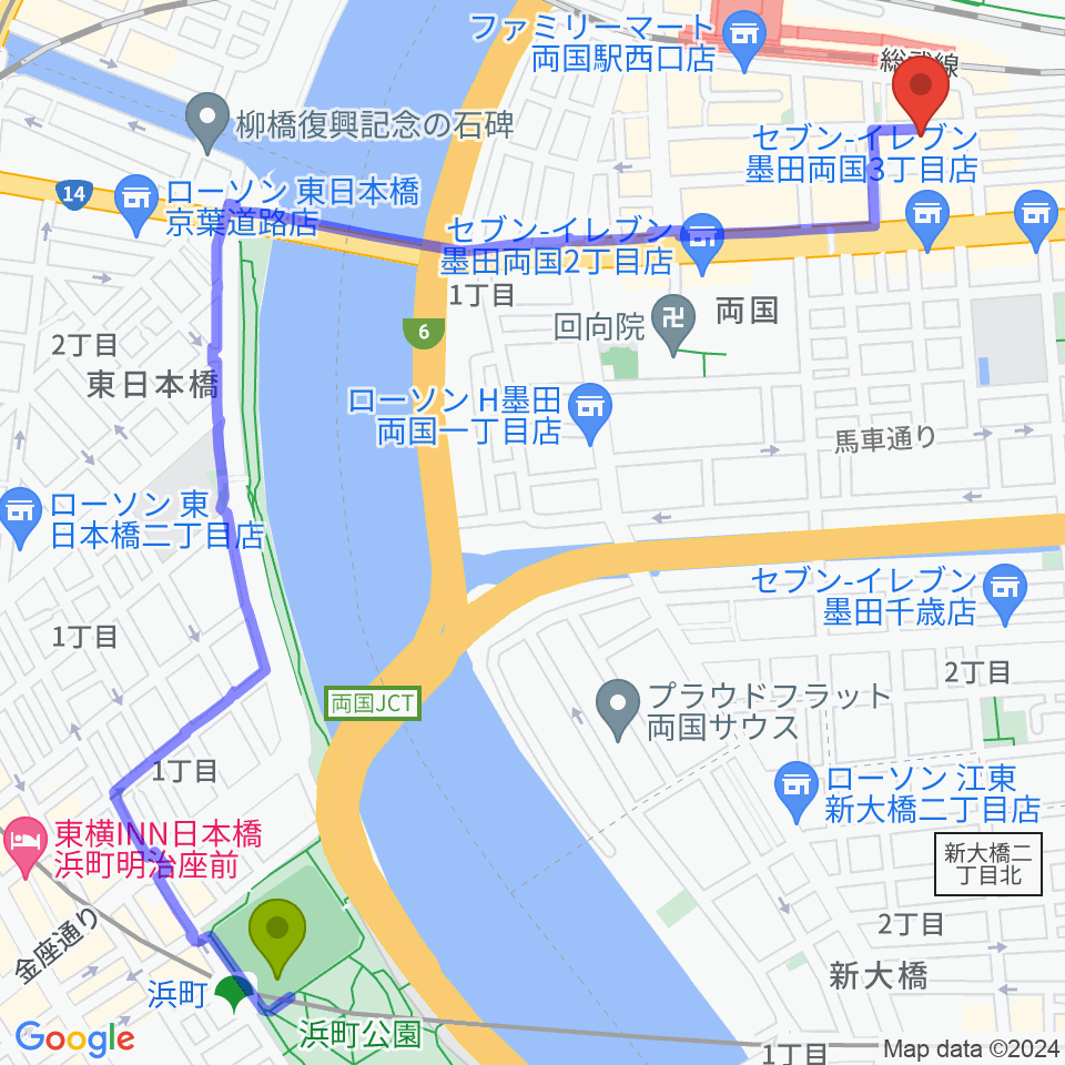 浜町駅から大沢憲三フラメンコギター・カンテ教室 両国校へのルートマップ地図