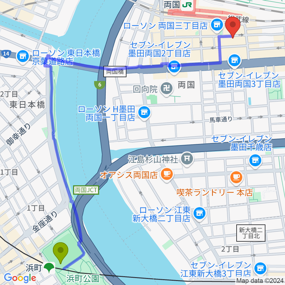 浜町駅から大沢憲三フラメンコギター・カンテ教室 両国校へのルートマップ地図