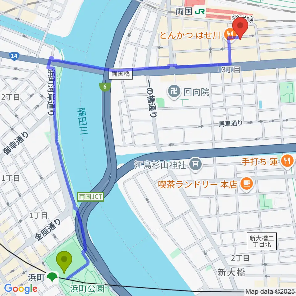 浜町駅から大沢フラメンコアカデミーへのルートマップ地図