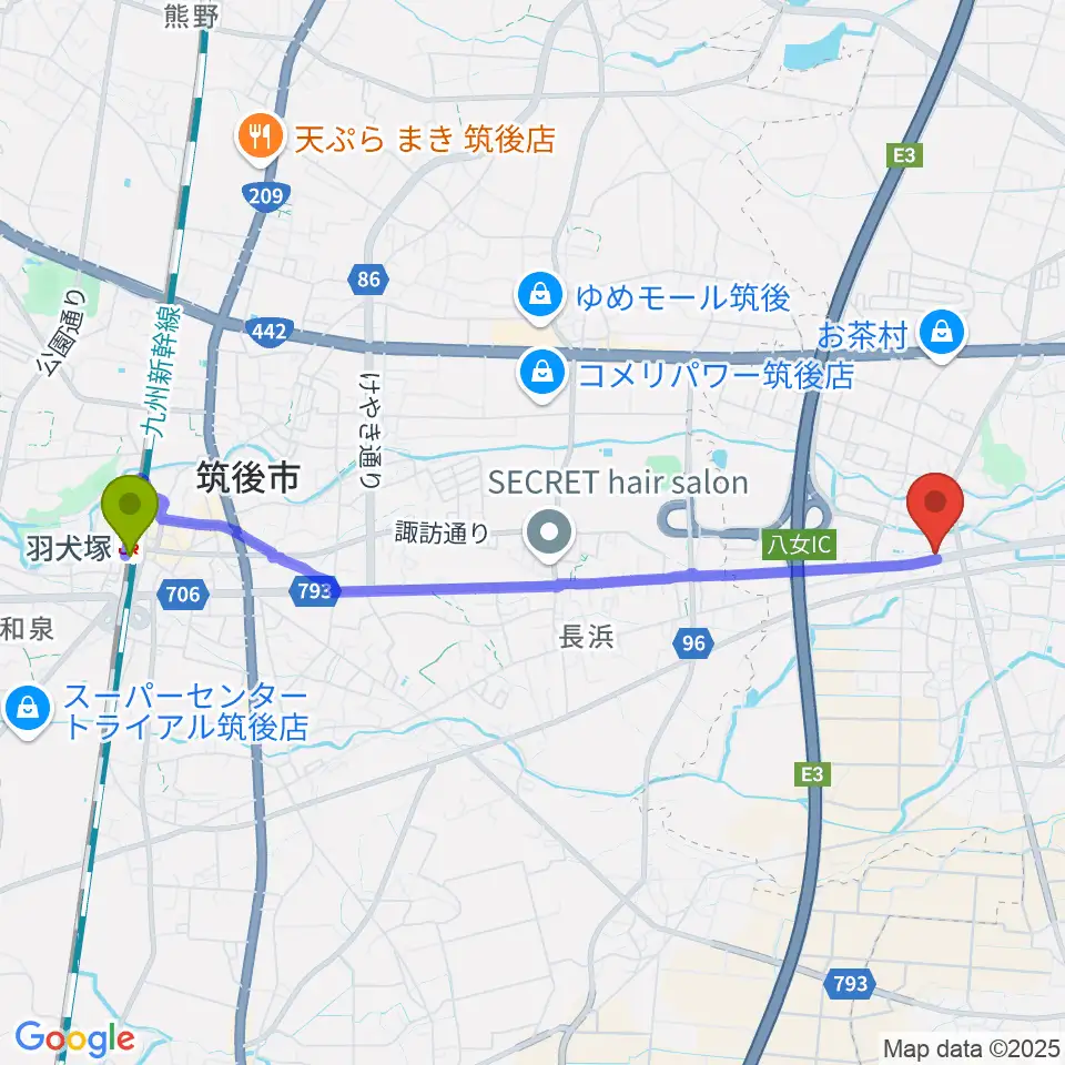 エム田中音楽教室の最寄駅羽犬塚駅からの徒歩ルート（約48分）地図