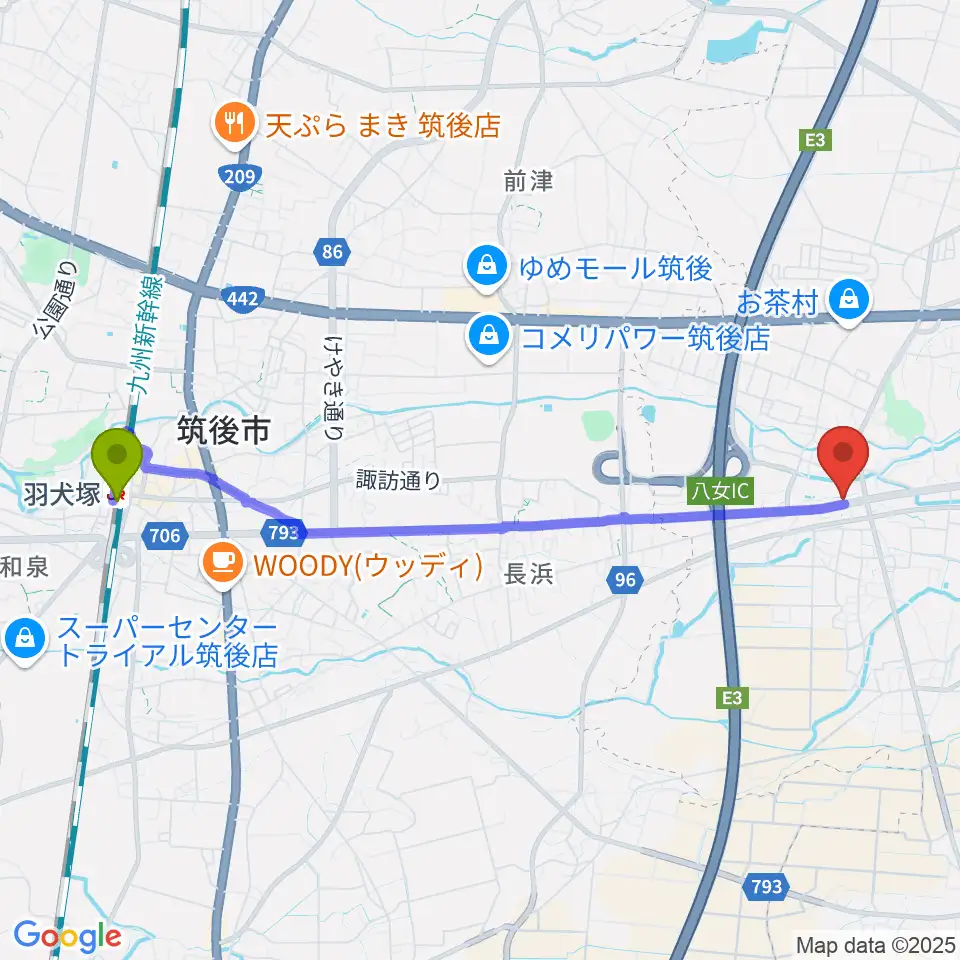 エム田中音楽教室の最寄駅羽犬塚駅からの徒歩ルート（約48分）地図