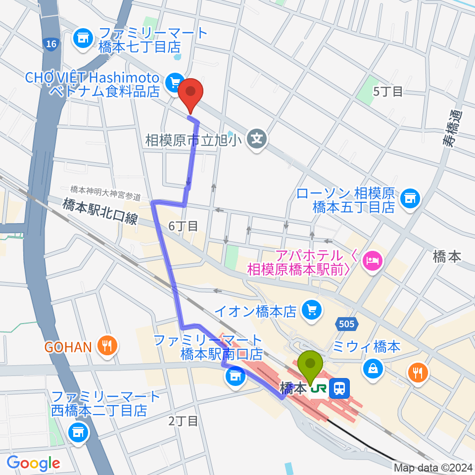 牛久保音楽教室 橋本第2教室の最寄駅橋本駅からの徒歩ルート（約10分）地図