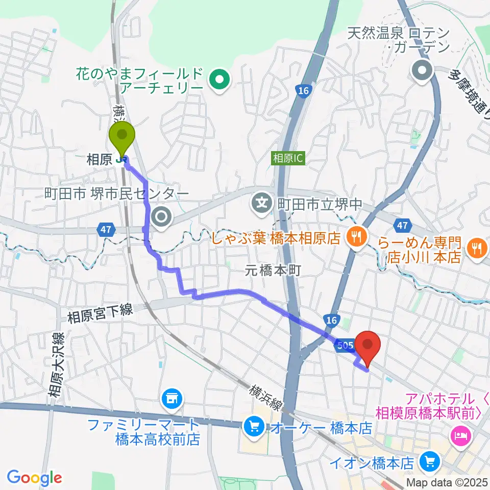 相原駅から牛久保音楽教室 橋本第2教室へのルートマップ地図