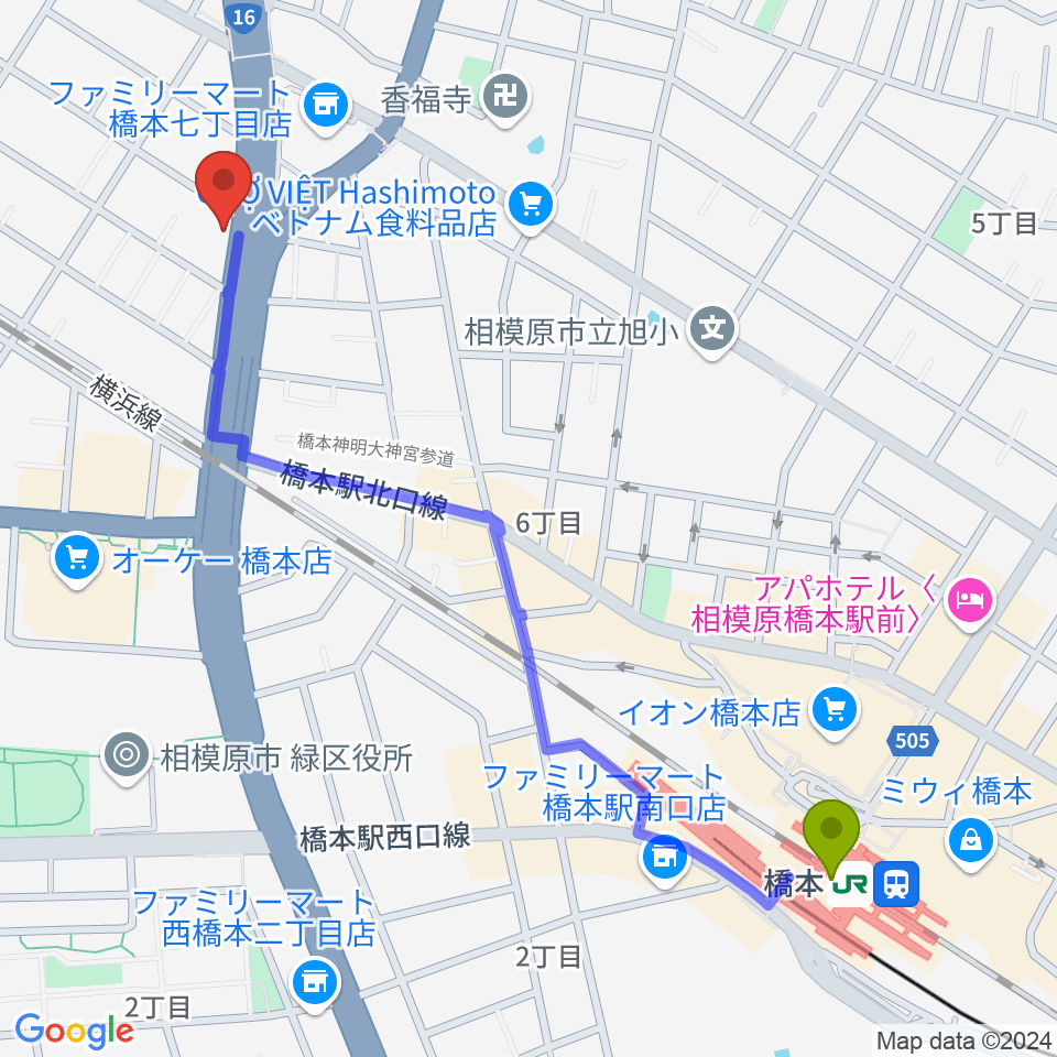 牛久保ピアノの最寄駅橋本駅からの徒歩ルート（約13分）地図