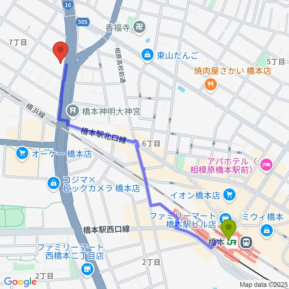 牛久保ピアノの最寄駅橋本駅からの徒歩ルート（約13分）地図